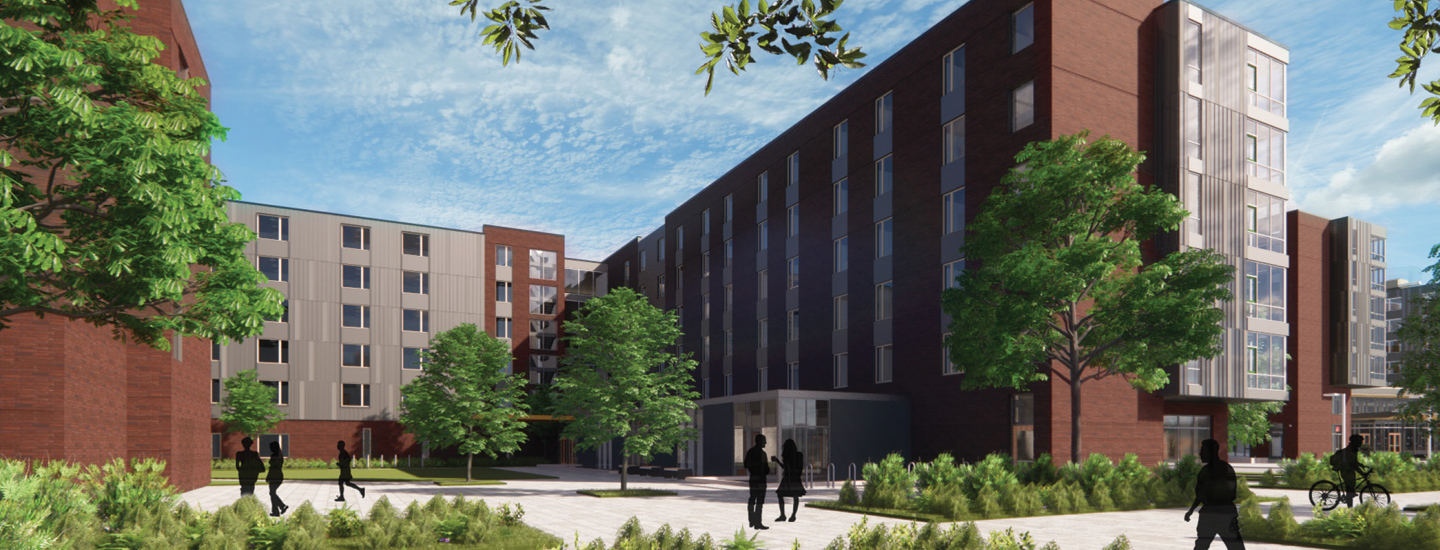 Rendering of completed New Residence Hall Building B. Building B will be located in the hear of campus, offering single, double, and triple rooms.