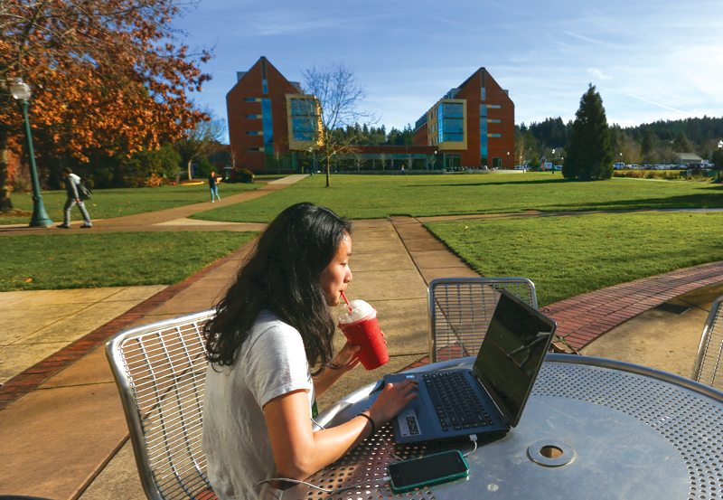 Student studying outside of Global Scholars Hall