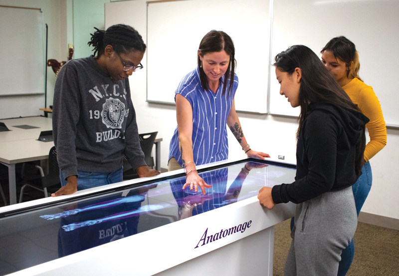 Students with residence faculty member using touch screen display of human xray.