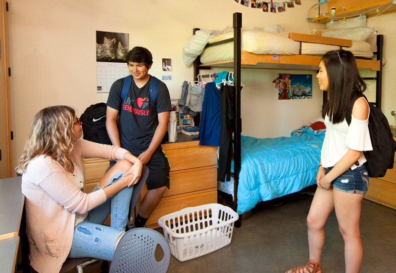 Photo of students socializing in student room in Global Scholars Hall